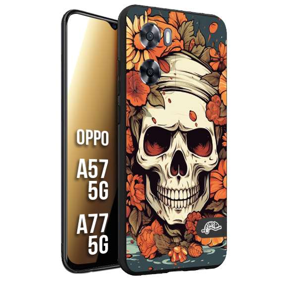 CUSTOMIZZA - Custodia cover nera morbida in tpu compatibile per Oppo A57 5G - A77 5G teschio skull flowers fiori tattoo disegnato alta definizione