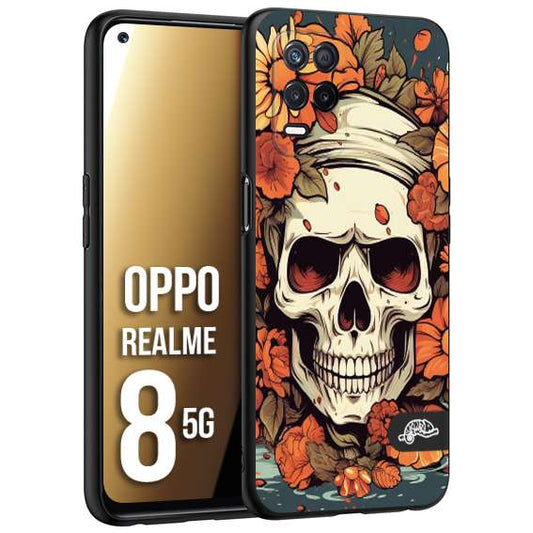 CUSTOMIZZA - Custodia cover nera morbida in tpu compatibile per Oppo Realme 8 5G teschio skull flowers fiori tattoo disegnato alta definizione