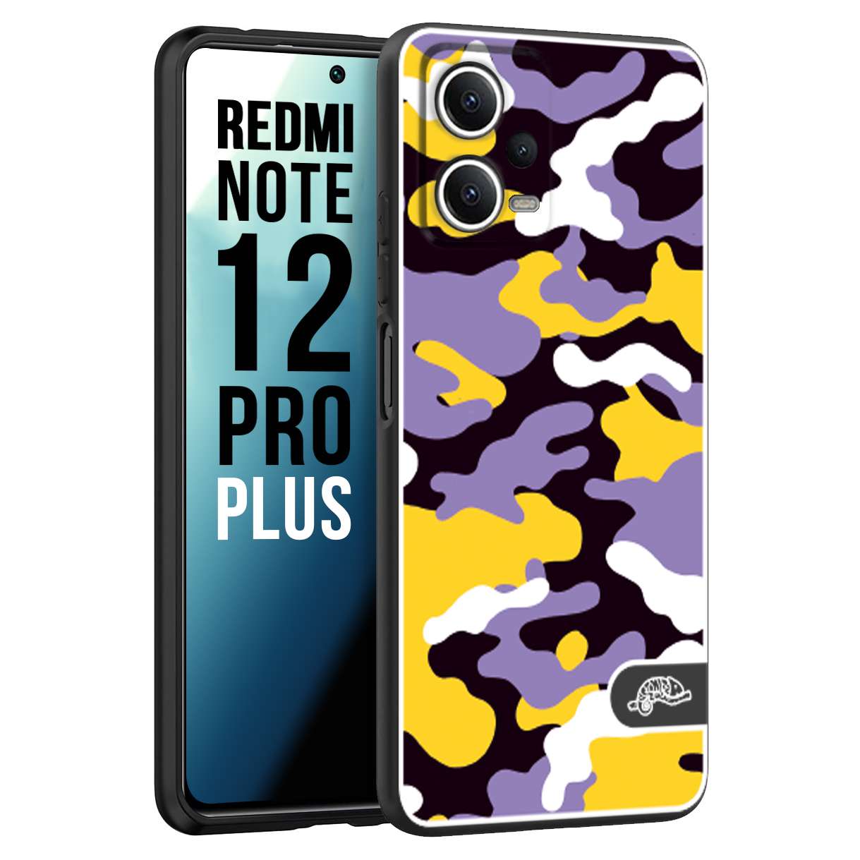 CUSTOMIZZA - Custodia cover nera morbida in tpu compatibile per Xiaomi Redmi Note 12 PRO PLUS camouflage mimetico militare viola lilla giallo