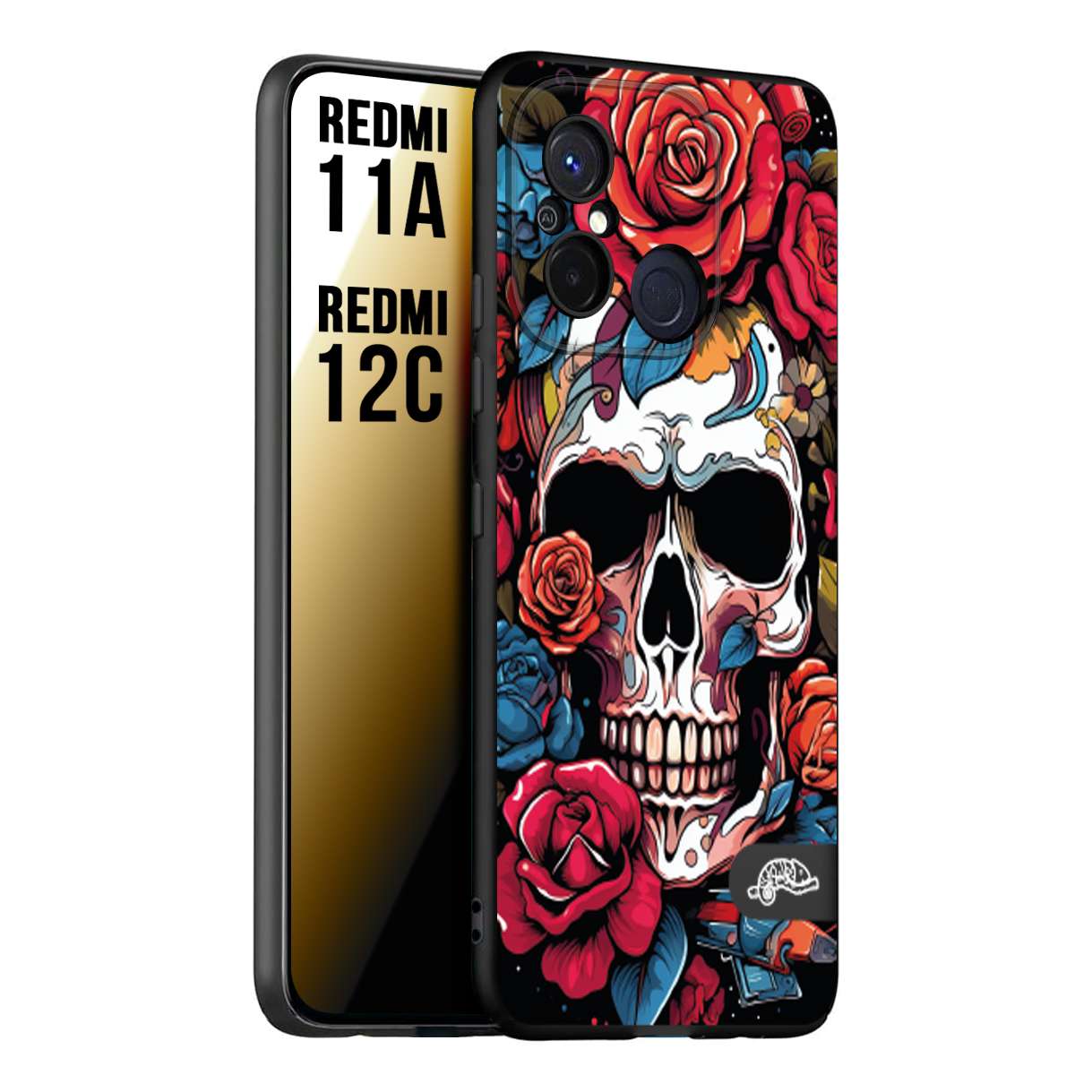 CUSTOMIZZA - Custodia cover nera morbida in tpu compatibile per Xiaomi Redmi 11A - 12C teschio skull flowers fiori rose rosse tattoo disegnato