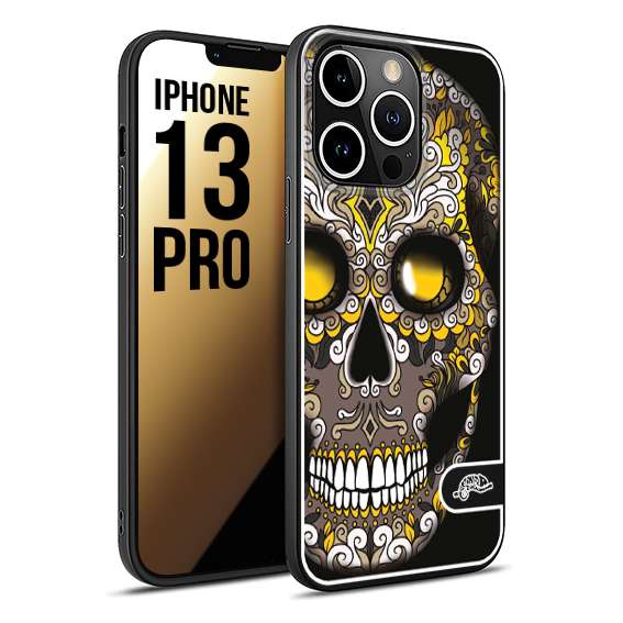 CUSTOMIZZA - Custodia cover nera morbida in tpu compatibile per iPhone 13 PRO teschio messicano Mexican skull nero giallo