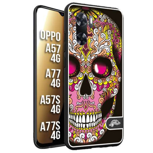 CUSTOMIZZA - Custodia cover nera morbida in tpu compatibile per Oppo A57 - A77 - A57S - A77S (4G) teschio messicano Mexican skull rosa gialla