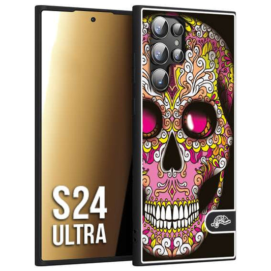 CUSTOMIZZA - Custodia cover nera morbida in tpu compatibile per Samsung S24 ULTRA teschio messicano Mexican skull rosa gialla