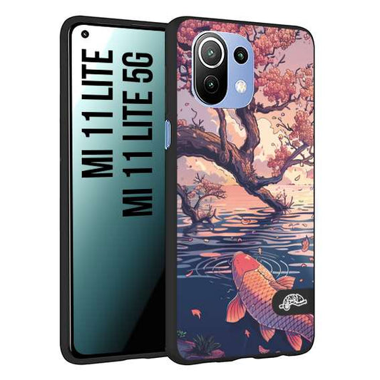 CUSTOMIZZA - Custodia cover nera morbida in tpu compatibile per Xiaomi Mi 11 Lite / Mi 11 Lite 5G giapponese lago carpa koi rosa con foglie d'acero disegnata tattoo