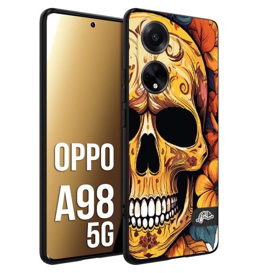 CUSTOMIZZA - Custodia cover nera morbida in tpu compatibile per Oppo A98 5G teschio messicano colorato dorato fiori autunnali disegnato