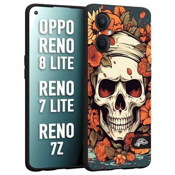 CUSTOMIZZA - Custodia cover nera morbida in tpu compatibile per Oppo Reno 7 Lite - 8 Lite - 7Z teschio skull flowers fiori tattoo disegnato alta definizione