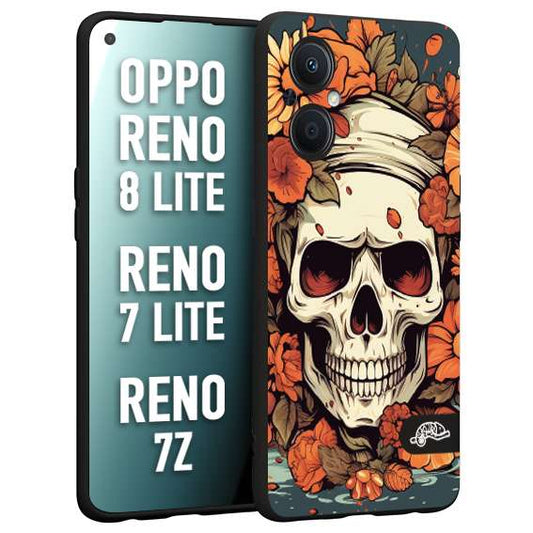 CUSTOMIZZA - Custodia cover nera morbida in tpu compatibile per Oppo Reno 7 Lite - 8 Lite - 7Z teschio skull flowers fiori tattoo disegnato alta definizione