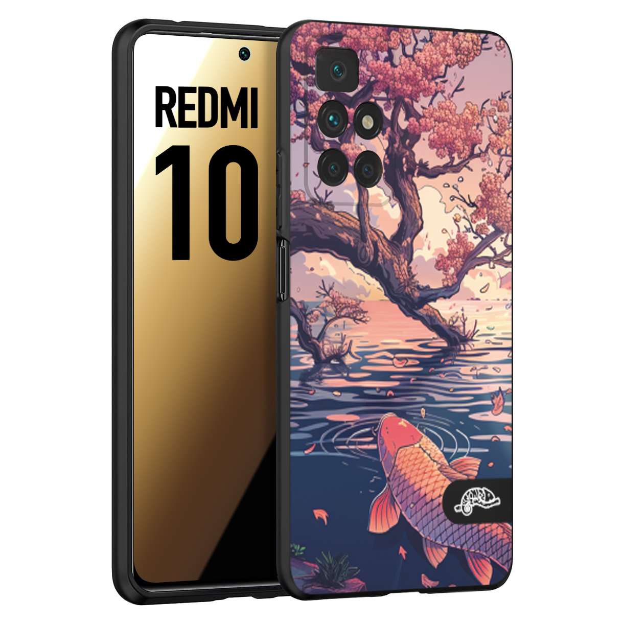 CUSTOMIZZA - Custodia cover nera morbida in tpu compatibile per Xiaomi Redmi 10 giapponese lago carpa koi rosa con foglie d'acero disegnata tattoo