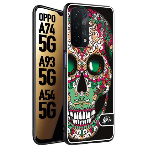 CUSTOMIZZA - Custodia cover nera morbida in tpu compatibile per Oppo A74 5G - A93 5G - A54 5G teschio messicano Mexican skull verde fucsia