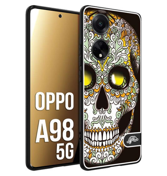 CUSTOMIZZA - Custodia cover nera morbida in tpu compatibile per Oppo A98 5G teschio messicano Mexican skull bianco verde giallo