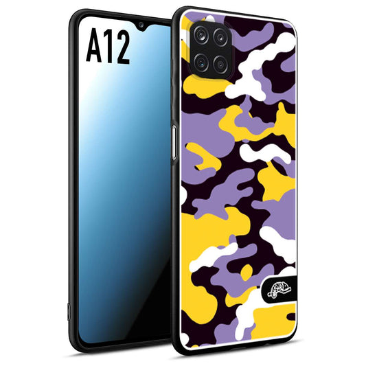 CUSTOMIZZA - Custodia cover nera morbida in tpu compatibile per Samsung A12 camouflage mimetico militare viola lilla giallo