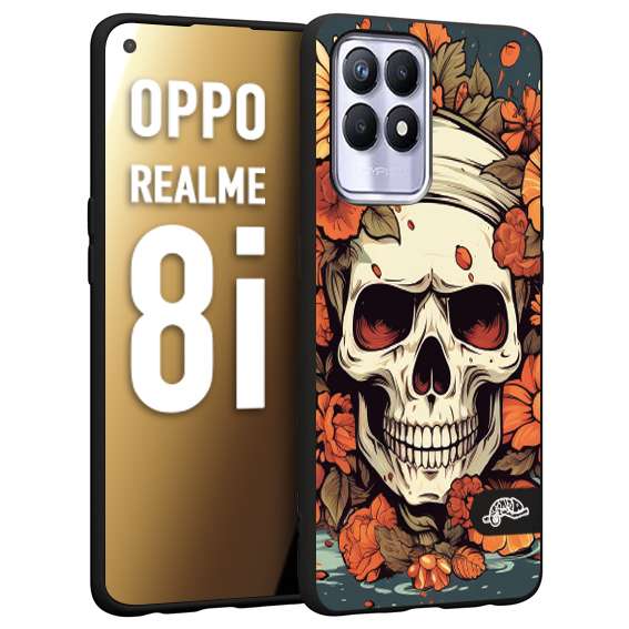 CUSTOMIZZA - Custodia cover nera morbida in tpu compatibile per Oppo Realme 8i teschio skull flowers fiori tattoo disegnato alta definizione