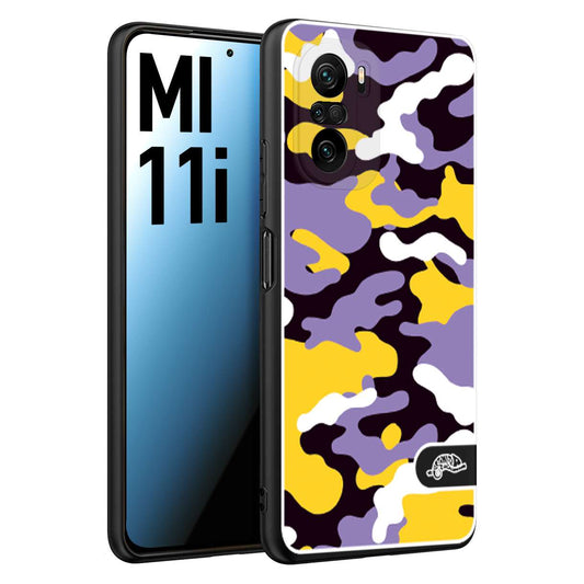 CUSTOMIZZA - Custodia cover nera morbida in tpu compatibile per Xiaomi Mi 11i camouflage mimetico militare viola lilla giallo