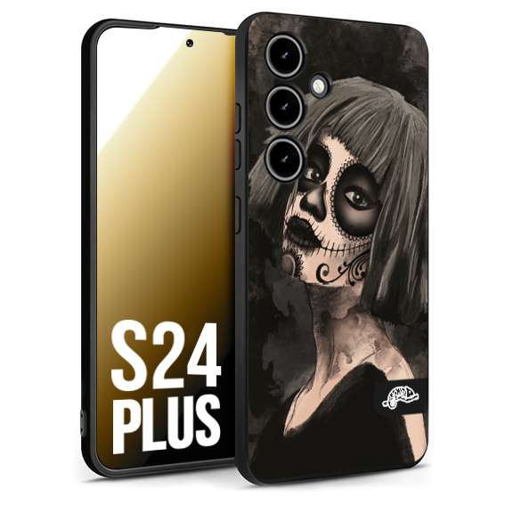 CUSTOMIZZA - Custodia cover nera morbida in tpu compatibile per Samsung S24 PLUS chicana messicana dea de la muerte donna santa tattoo disegnata