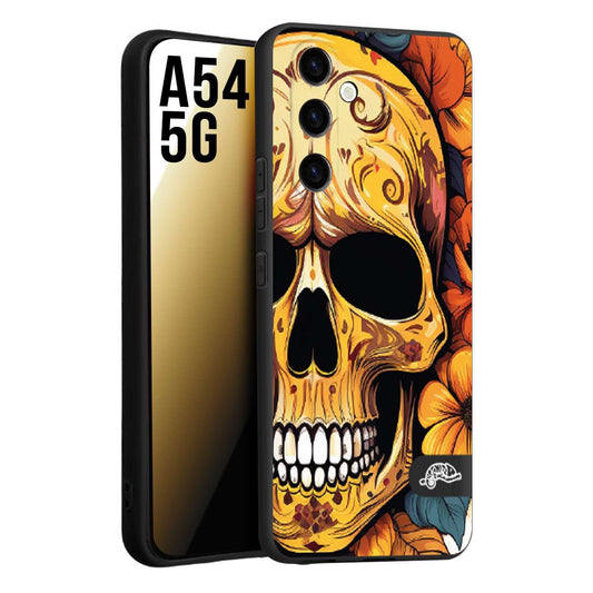 CUSTOMIZZA - Custodia cover nera morbida in tpu compatibile per Samsung A54 5G teschio messicano colorato dorato fiori autunnali disegnato