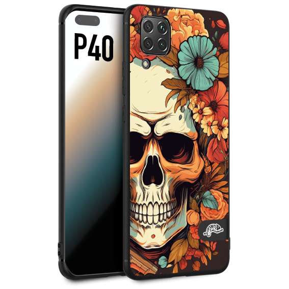 CUSTOMIZZA - Custodia cover nera morbida in tpu compatibile per Huawei P40 teschio skull flowers fiori autunnali arancio celeste tattoo