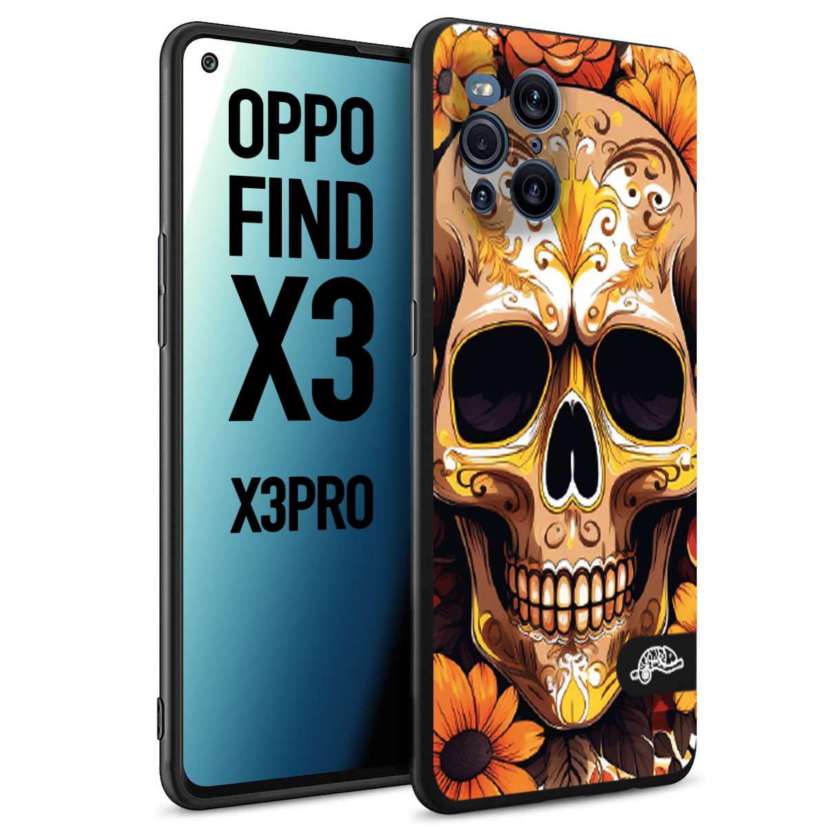 CUSTOMIZZA - Custodia cover nera morbida in tpu compatibile per Oppo Find X3 - Find X3 Pro 5G teschio messicano colorato dorato fiori tattoo disegnato