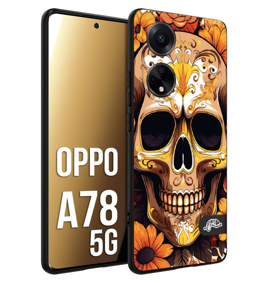 CUSTOMIZZA - Custodia cover nera morbida in tpu compatibile per Oppo A78 5G teschio messicano colorato dorato fiori tattoo disegnato