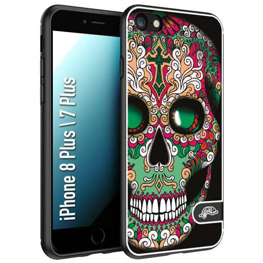 CUSTOMIZZA - Custodia cover nera morbida in tpu compatibile per iPhone 7 Plus - 8 plusteschio messicano Mexican skull verde fucsia