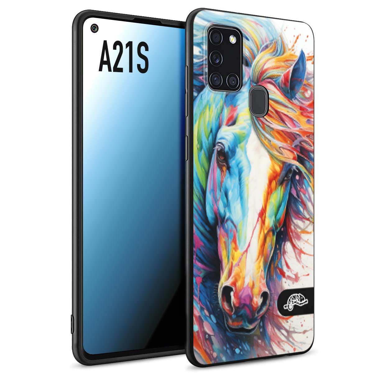 CUSTOMIZZA - Custodia cover nera morbida in tpu compatibile per Samsung A21S animali color cavallo horse viso colori vibranti disegnato schizzo