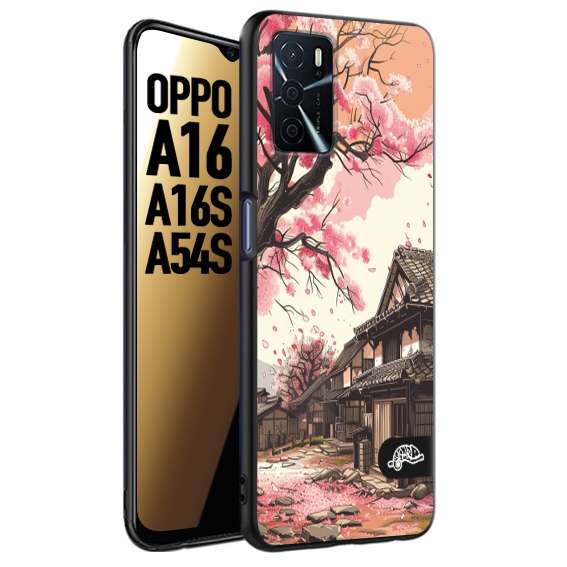 CUSTOMIZZA - Custodia cover nera morbida in tpu compatibile per Oppo A16 - A16S - A54S casa giapponese rosa ciliegio in fiore disegnata tattoo