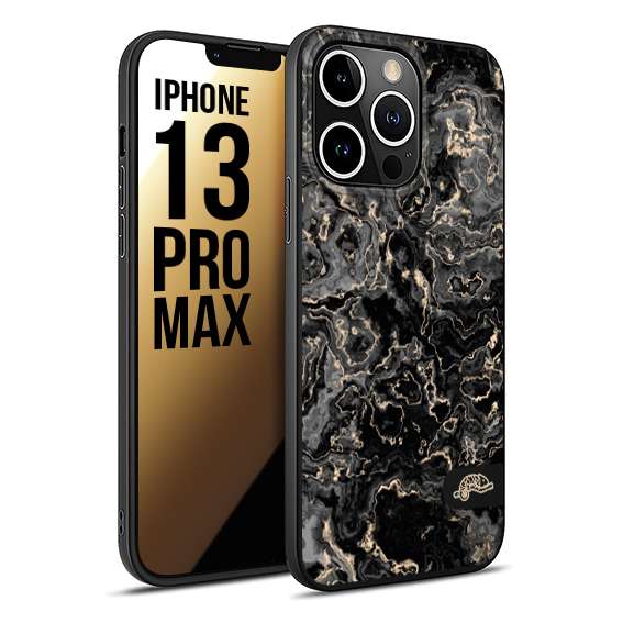 CUSTOMIZZA - Custodia cover nera morbida in tpu compatibile per iPhone 13 PRO MAX effetto marmo marble nero black venature dorato pietra