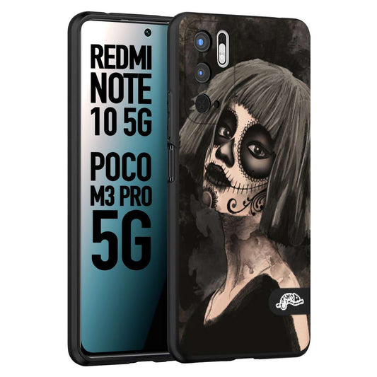 CUSTOMIZZA - Custodia cover nera morbida in tpu compatibile per Xiaomi Redmi Note 10 5G - Poco M3 Pro 5G chicana messicana dea de la muerte donna santa tattoo disegnata