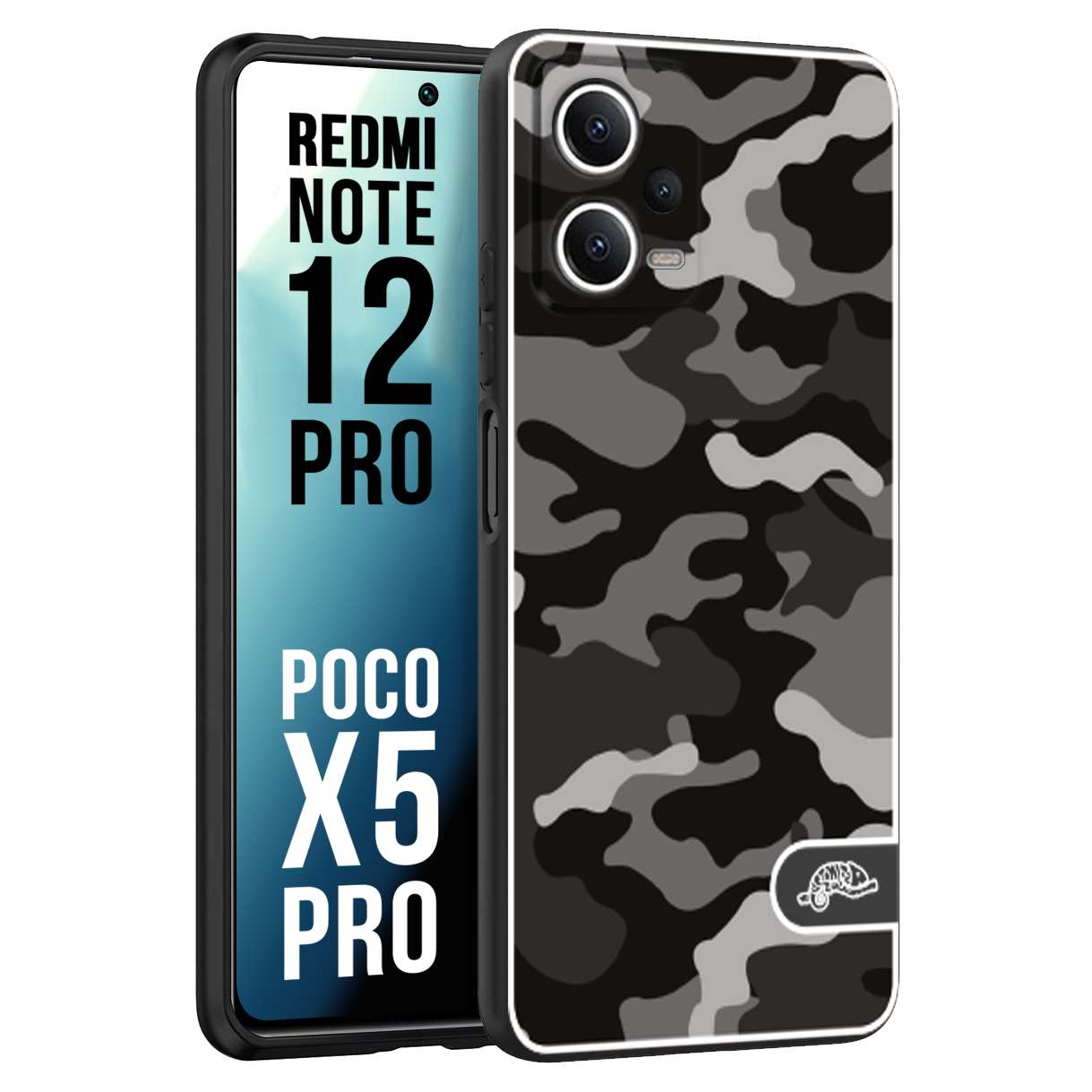 CUSTOMIZZA - Custodia cover nera morbida in tpu compatibile per Xiaomi Redmi Note 12 PRO - POCO X5 PRO camouflage mimetico militare nero black grigio