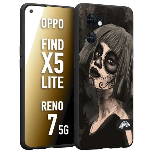 CUSTOMIZZA - Custodia cover nera morbida in tpu compatibile per Oppo Reno 7 - Find X5 LITE chicana messicana dea de la muerte donna santa tattoo disegnata