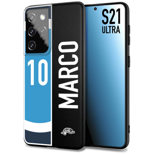 CUSTOMIZZA - Custodia cover nera morbida in tpu compatibile per Samsung S21 ULTRA personalizzata calcio football nome e numero calciatori biancoazzurri bianco celesti