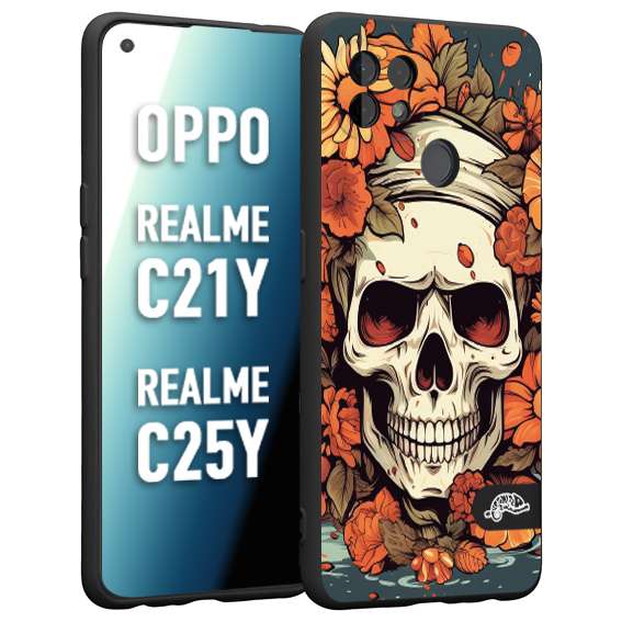 CUSTOMIZZA - Custodia cover nera morbida in tpu compatibile per Oppo Realme C21Y - C25Y teschio skull flowers fiori tattoo disegnato alta definizione