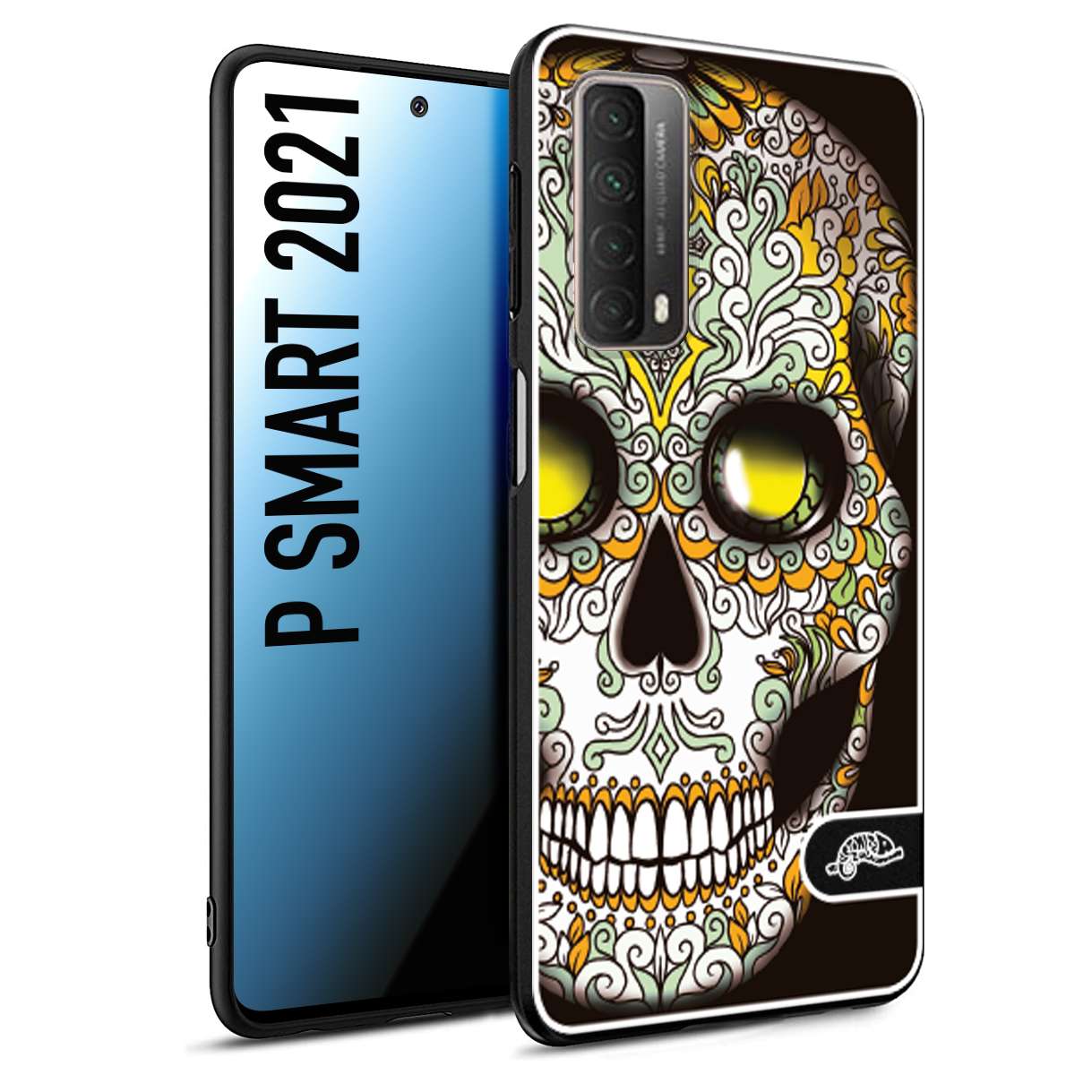 CUSTOMIZZA - Custodia cover nera morbida in tpu compatibile per Huawei P Smart 2021 teschio messicano Mexican skull bianco verde giallo