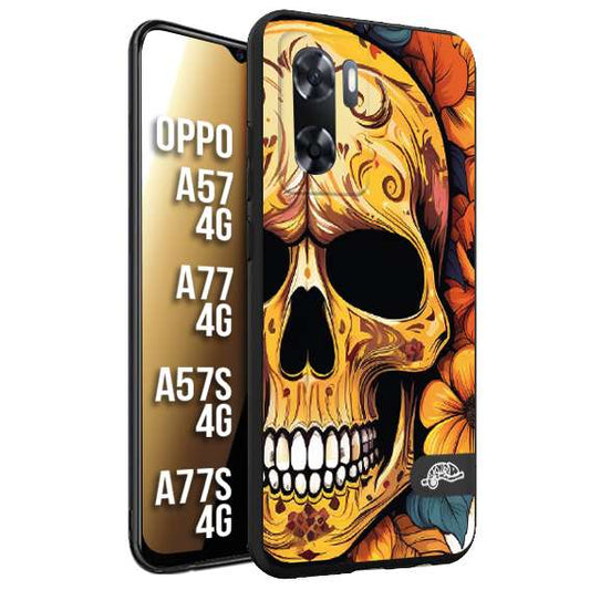 CUSTOMIZZA - Custodia cover nera morbida in tpu compatibile per Oppo A57 - A77 - A57S - A77S (4G) teschio messicano colorato dorato fiori autunnali disegnato