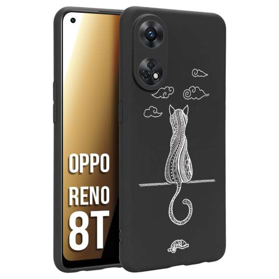 CUSTOMIZZA - Custodia cover nera morbida in tpu compatibile per Oppo Reno 8T gatto mandala stilizzato gattino a rilievo soft touch donna bianca