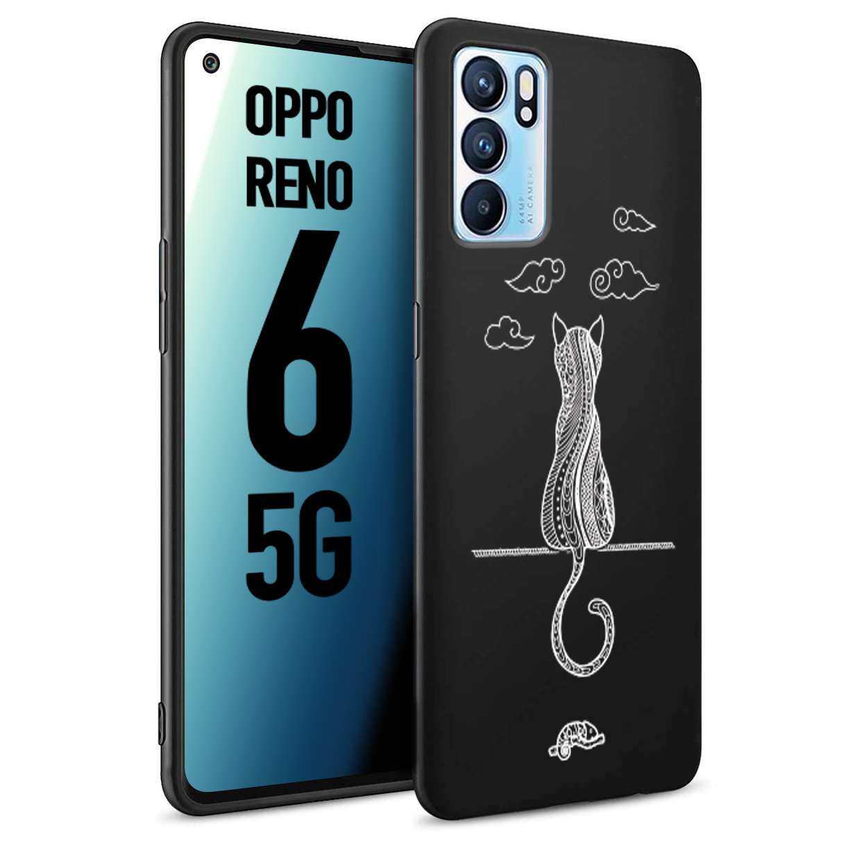 CUSTOMIZZA - Custodia cover nera morbida in tpu compatibile per Oppo Reno 6 5G gatto mandala stilizzato gattino a rilievo soft touch donna bianca