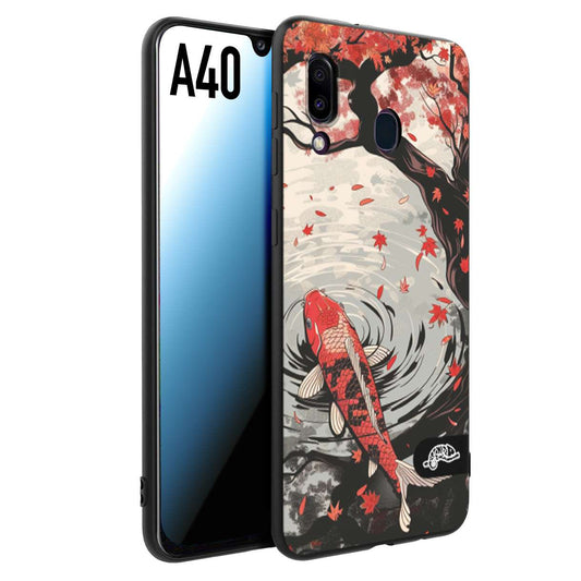 CUSTOMIZZA - Custodia cover nera morbida in tpu compatibile per Samsung A40 giapponese lago carpa koi rossa con foglie d'acero rosso disegnata tattoo