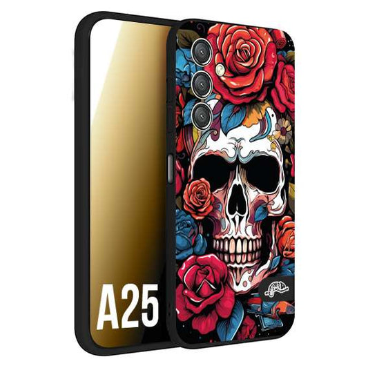 CUSTOMIZZA - Custodia cover nera morbida in tpu compatibile per Samsung A25 teschio skull flowers fiori rose rosse tattoo disegnato