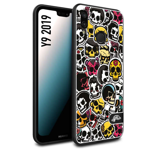 CUSTOMIZZA - Custodia cover nera morbida in tpu compatibile per Huawei Y9 2019 sticker bomb teschi colorati adesivi skulls skater snowboard