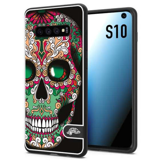 CUSTOMIZZA - Custodia cover nera morbida in tpu compatibile per Samsung S10 teschio messicano Mexican skull verde fucsia