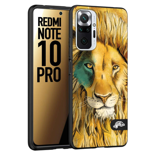 CUSTOMIZZA - Custodia cover nera morbida in tpu compatibile per Xiaomi Redmi Note 10 PRO leone lion disegnato a mano giallo blu a rilievo artistico brown