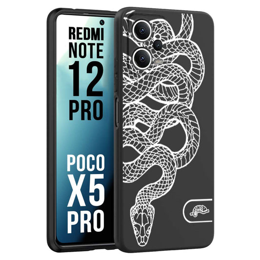 CUSTOMIZZA - Custodia cover nera morbida in tpu compatibile per Xiaomi Redmi Note 12 PRO - POCO X5 PRO serpente snake bianco a rilievo disegnato tattoo tatuaggio