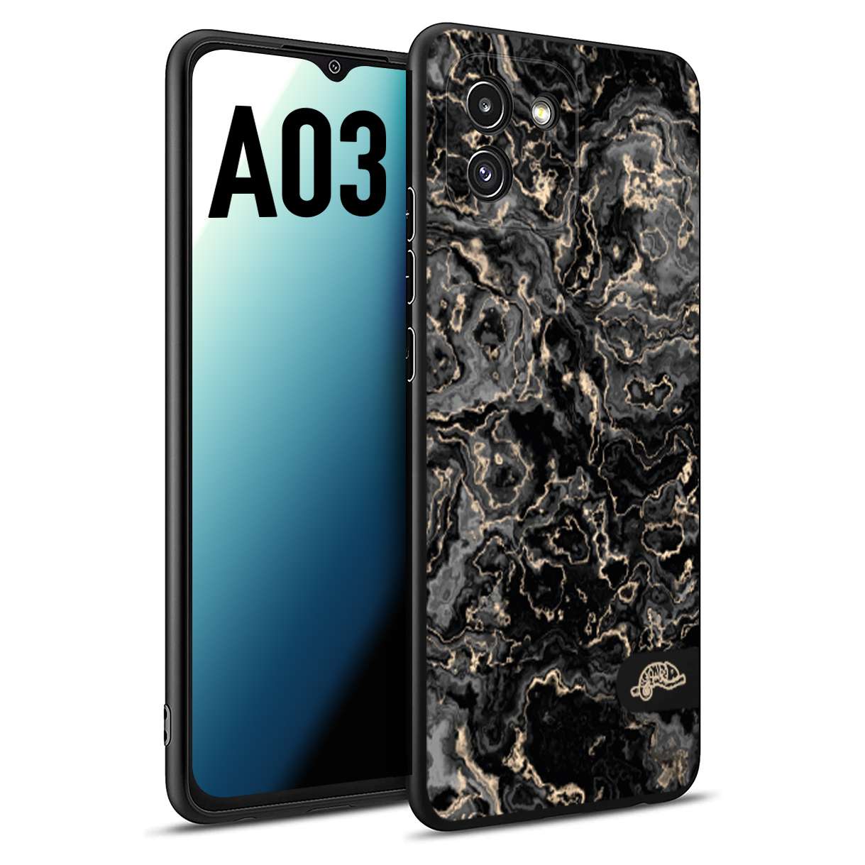 CUSTOMIZZA - Custodia cover nera morbida in tpu compatibile per Samsung A03 effetto marmo marble nero black venature dorato pietra