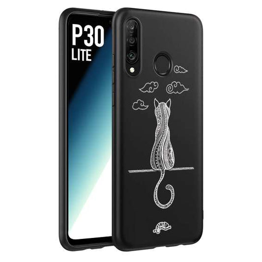 CUSTOMIZZA - Custodia cover nera morbida in tpu compatibile per Huawei P30 LITE gatto mandala stilizzato gattino a rilievo soft touch donna bianca