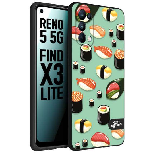 CUSTOMIZZA - Custodia cover nera morbida in tpu compatibile per Oppo Reno 5 5G sushi disegni giapponese nighiri acquamarina verde