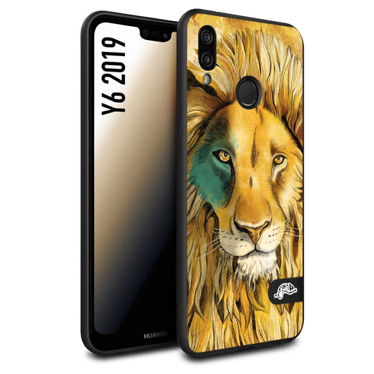 CUSTOMIZZA - Custodia cover nera morbida in tpu compatibile per Huawei Y6 2019 leone lion disegnato a mano giallo blu a rilievo artistico brown