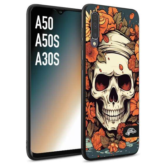 CUSTOMIZZA - Custodia cover nera morbida in tpu compatibile per Samsung A50 - A50S - A30S teschio skull flowers fiori tattoo disegnato alta definizione