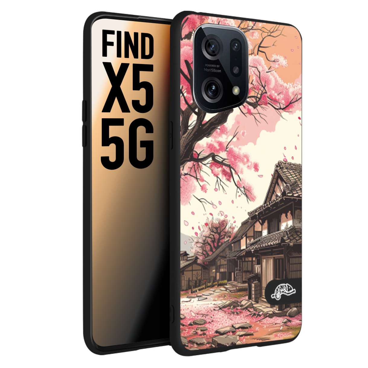 CUSTOMIZZA - Custodia cover nera morbida in tpu compatibile per Oppo Find X5 casa giapponese rosa ciliegio in fiore disegnata tattoo