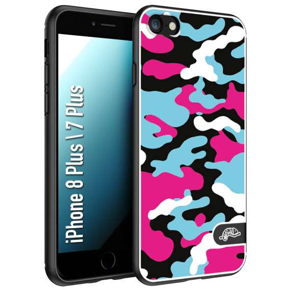 CUSTOMIZZA - Custodia cover nera morbida in tpu compatibile per iPhone 7 Plus - 8 pluscamouflage mimetico militare fucsia celeste