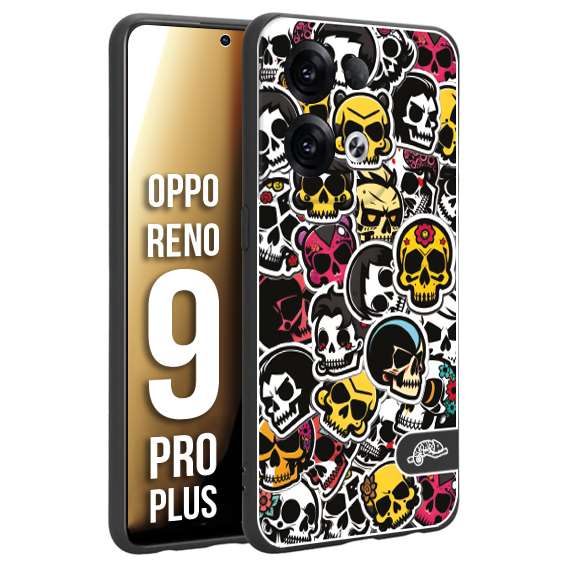 CUSTOMIZZA - Custodia cover nera morbida in tpu compatibile per Oppo Reno 9 PRO PLUS sticker bomb teschi colorati adesivi skulls skater snowboard