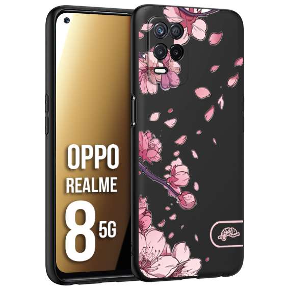 CUSTOMIZZA - Custodia cover nera morbida in tpu compatibile per Oppo Realme 8 5G giapponese fiori di ciliegio in fiore a rilievo disegnata tattoo